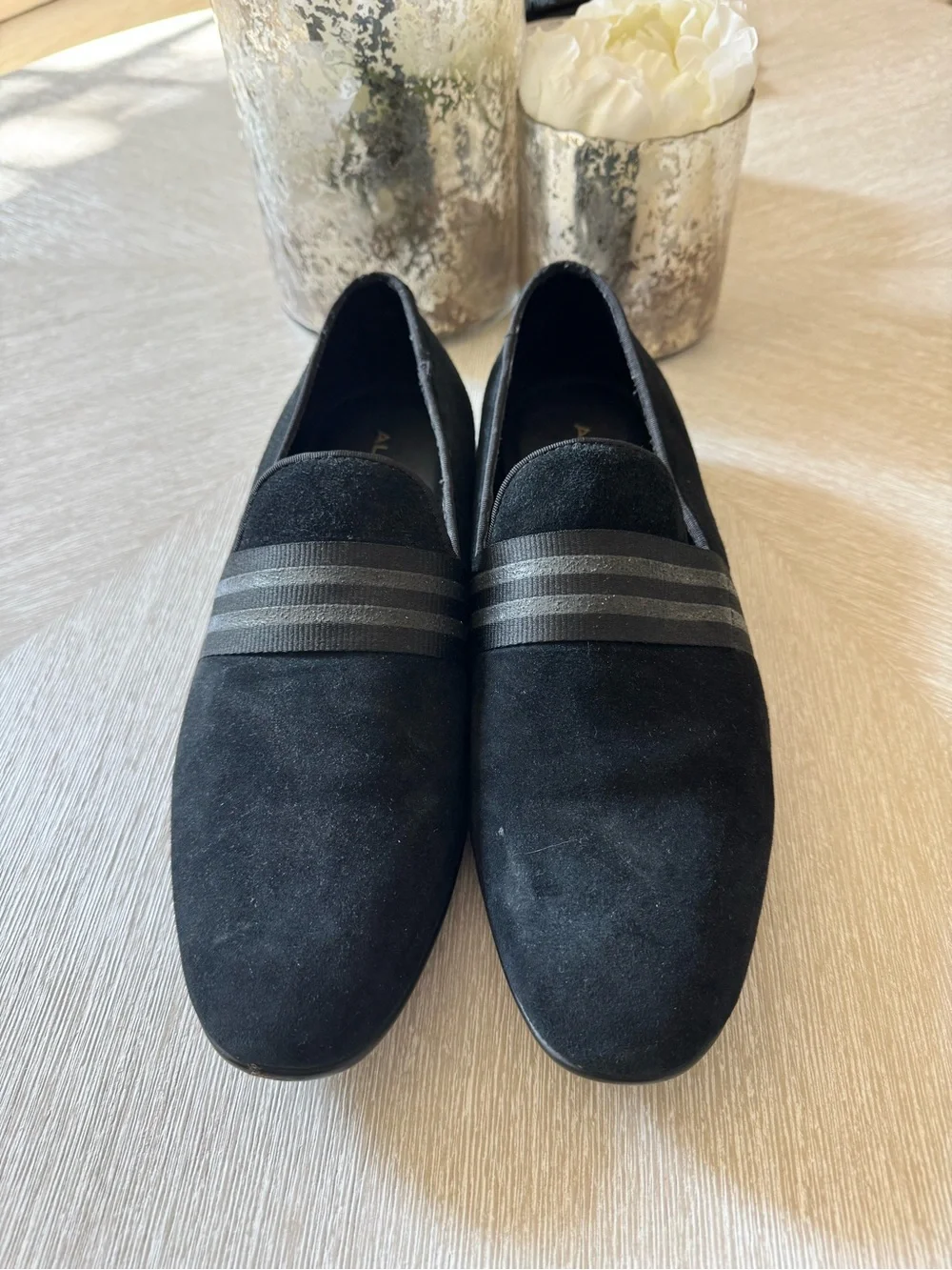 Aldo Black Suede Slip-On Loafers with Striped Band